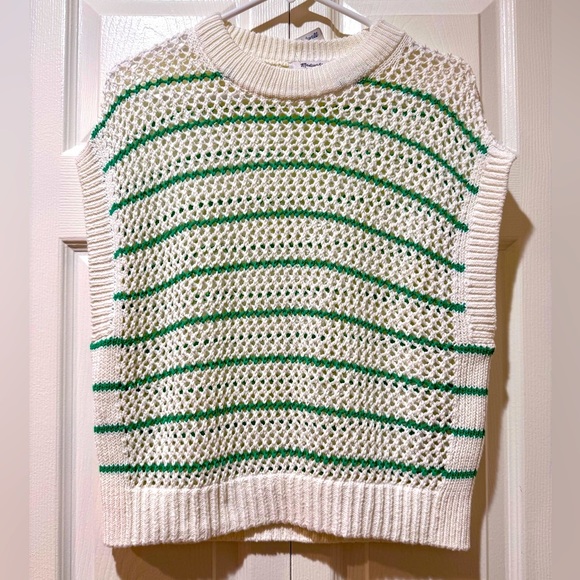 Madewell Crew Neck Open-Stitch Sweater Tee in Green Stripe. Size Small. NWT - Picture 1 of 16